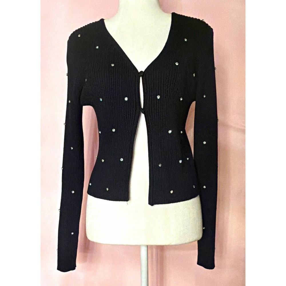 Madden Girl Junior's Black Rib-Knit Embellished V-Neck Cardigan Sweater M